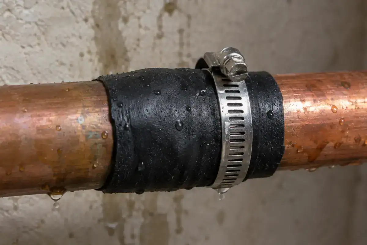 A copper pipe with a temporary repair: black rubber wrapped around a leaking area, secured with a metal hose clamp. Water droplets are visible on the pipe and clamp.