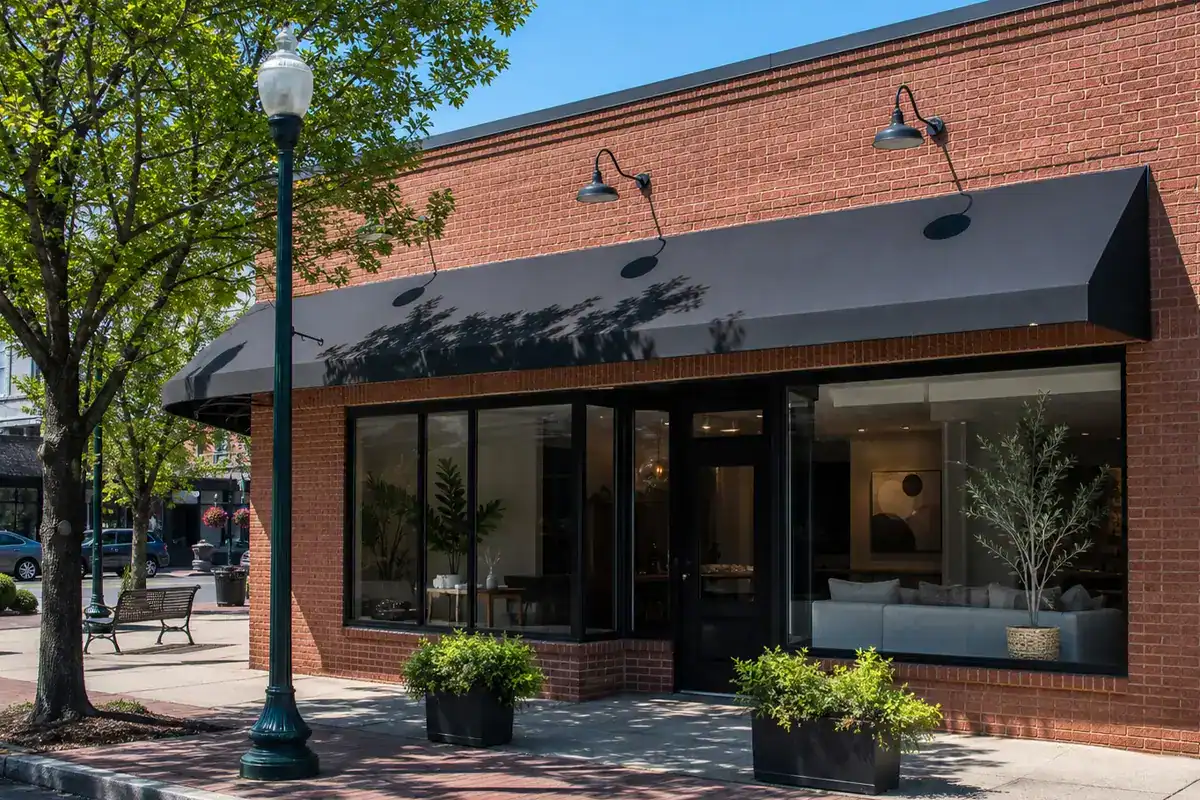 A modern brick storefront with large windows, a black awning, two potted plants in front, a streetlamp, and a leafy tree on a sunny day.