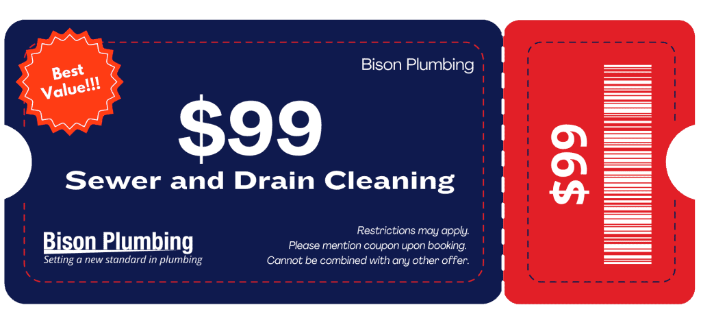 Bison Plumbing coupon for $99 sewer and drain cleaning, featuring a barcode and mention of restrictions.