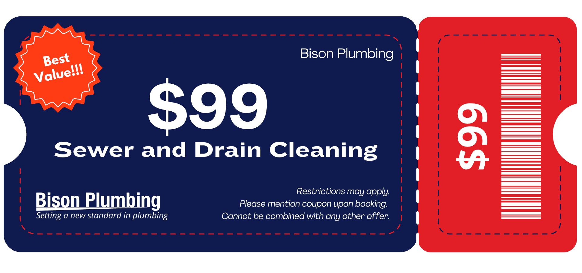 Bison Plumbing coupon for $99 sewer and drain cleaning, featuring a barcode and mention of restrictions.