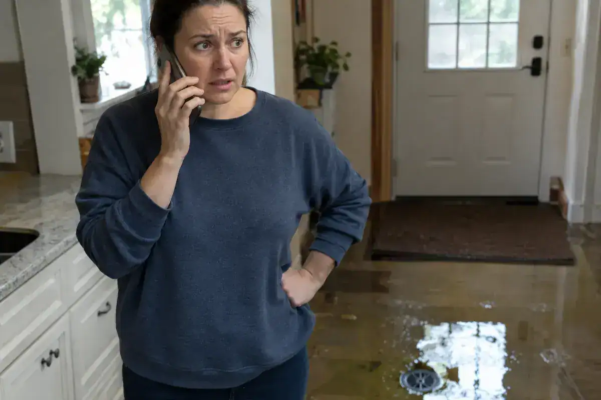 A woman with a concerned expression talks on her phone while standing in a kitchen with a flooded floor.