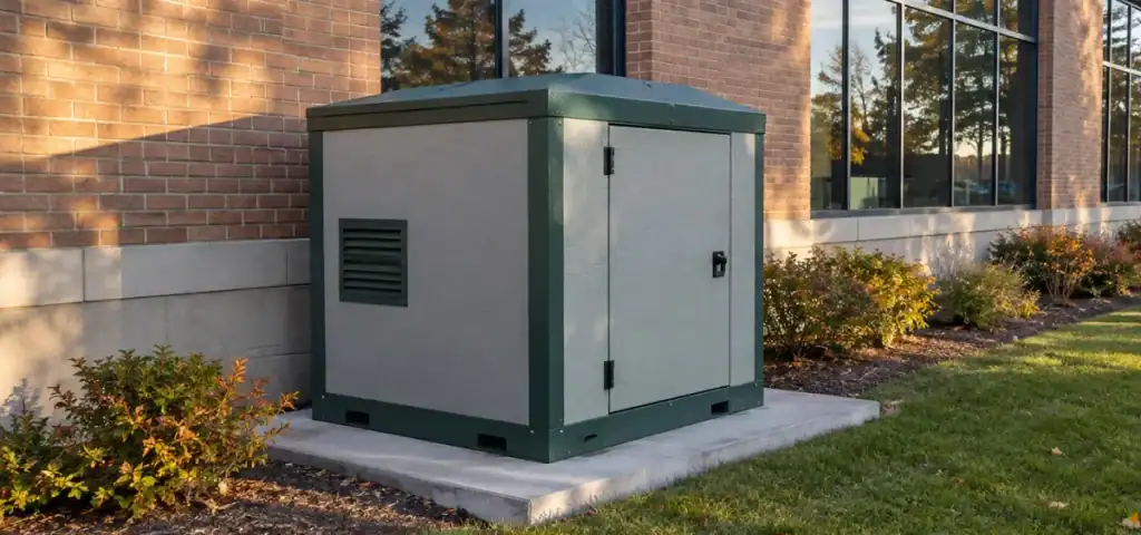 A light gray, square outdoor equipment enclosure with dark green framing, situated on a concrete pad against a brick building.