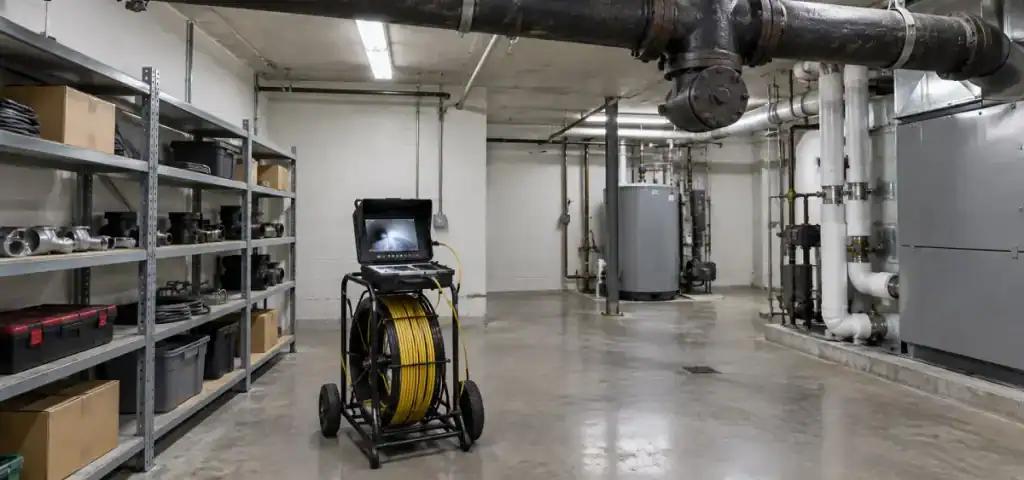 A sewer inspection camera on a wheeled cart stands in a utility room with metal storage shelves and industrial pipes.