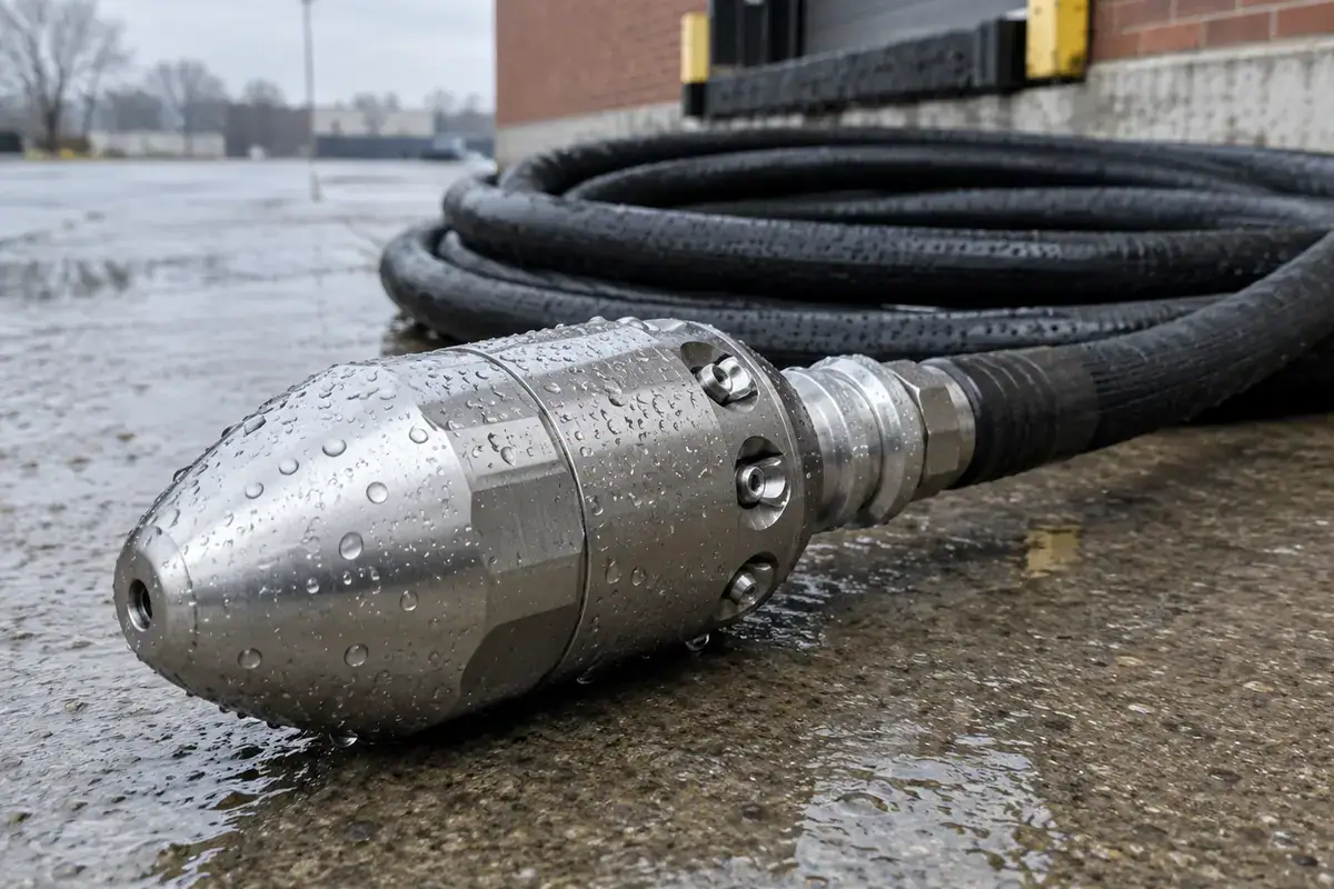 A metal industrial sewer jetting nozzle attached to a black hose on a wet concrete surface.