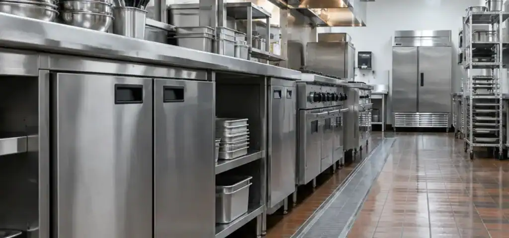 A stainless steel commercial kitchen featuring rows of metal cabinets, prep stations, a range, and a tall rolling rack on a tiled floor.