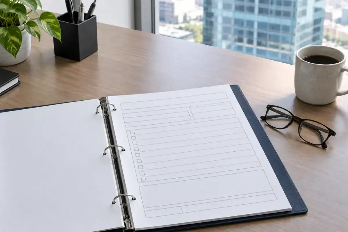 An open three-ring binder with a blank planner page sits on a wooden desk next to a cup of coffee and glasses.