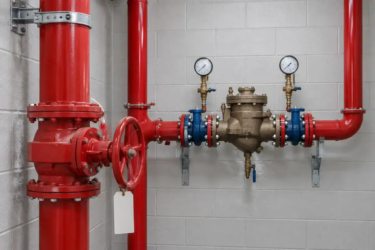 Red industrial fire sprinkler piping with a large manual shut-off wheel, a central valve, and two pressure gauges against a white brick wall.
