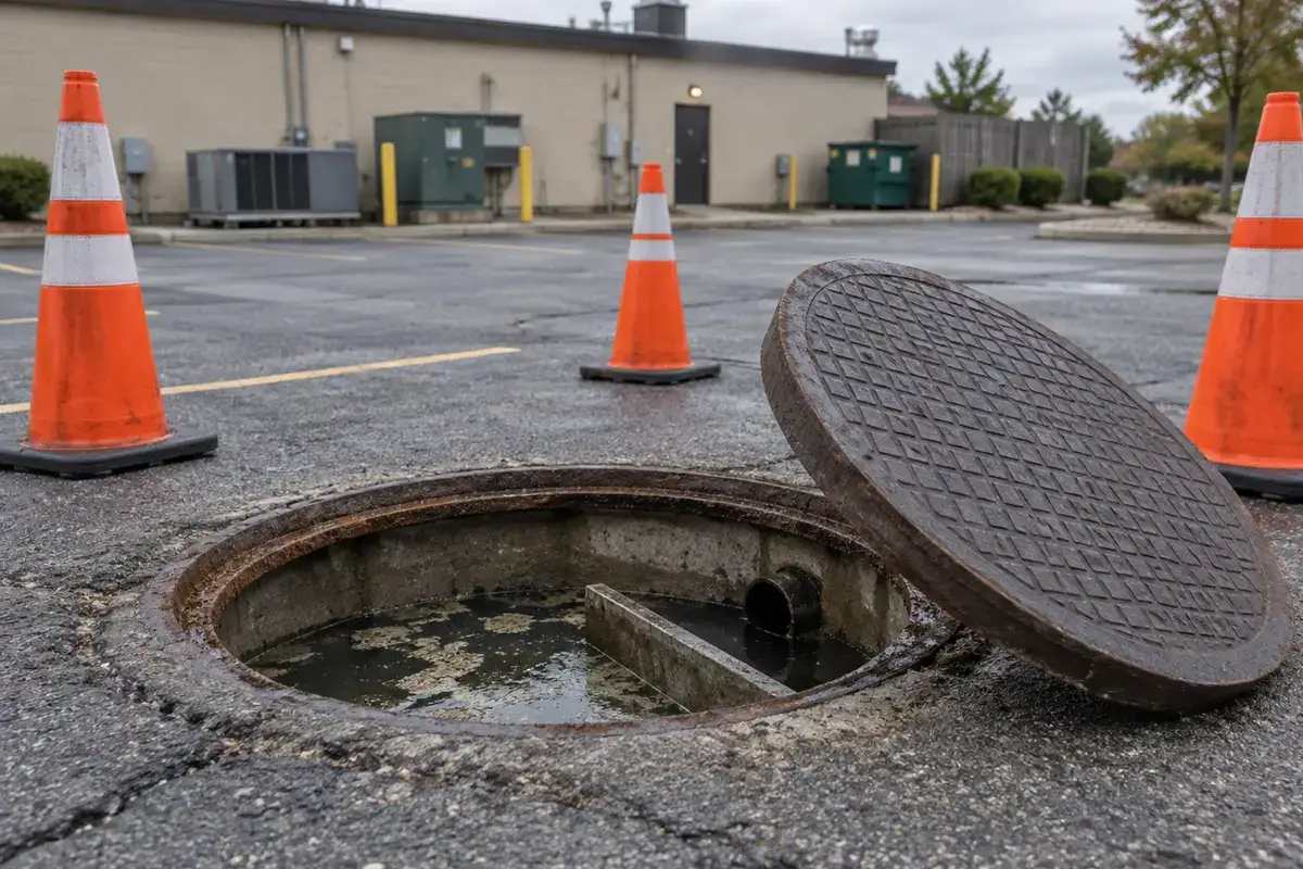 An open manhole in an asphalt parking lot, surrounded by three orange traffic cones.