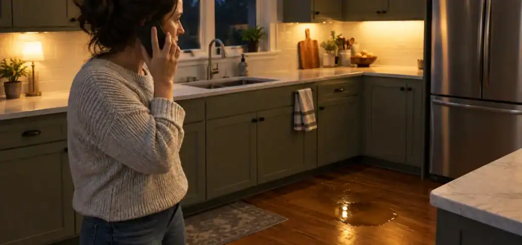 A woman talks on her cell phone while standing in a kitchen with a puddle of water on the wooden floor.