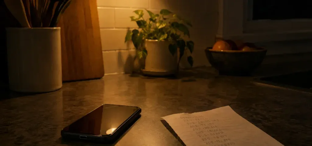 A smartphone and a handwritten list on a kitchen counter near a potted plant and a bowl of fruit.