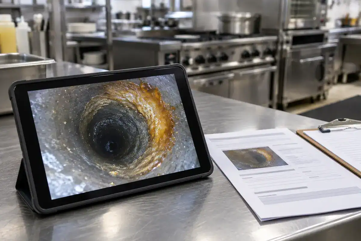 A tablet displaying a video of a clogged pipe drain sits on a stainless steel kitchen table next to a printed inspection report.