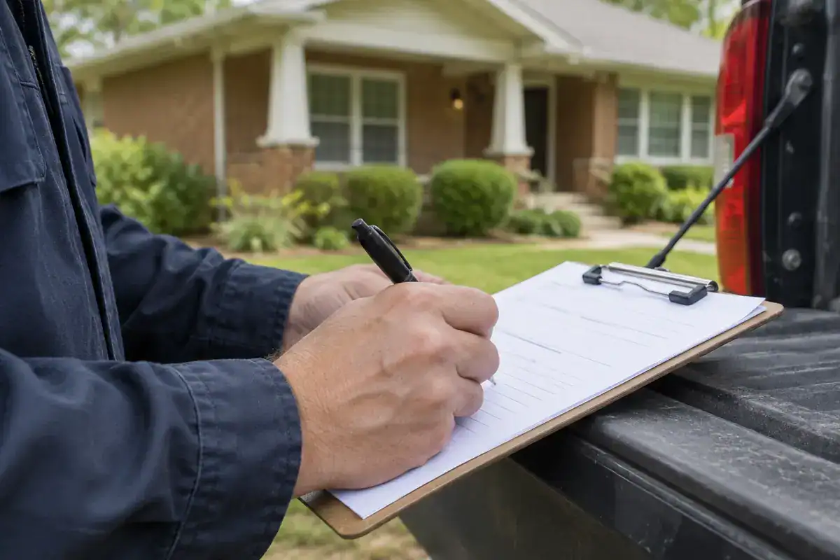 A person in a work shirt writes on a clipboard resting on the tailgate of a truck, with a house in the background.