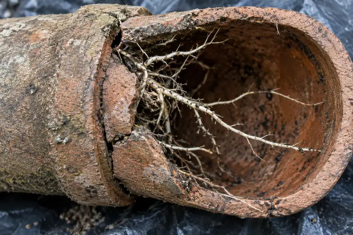 Tree roots growing through a crack in a broken clay pipe.